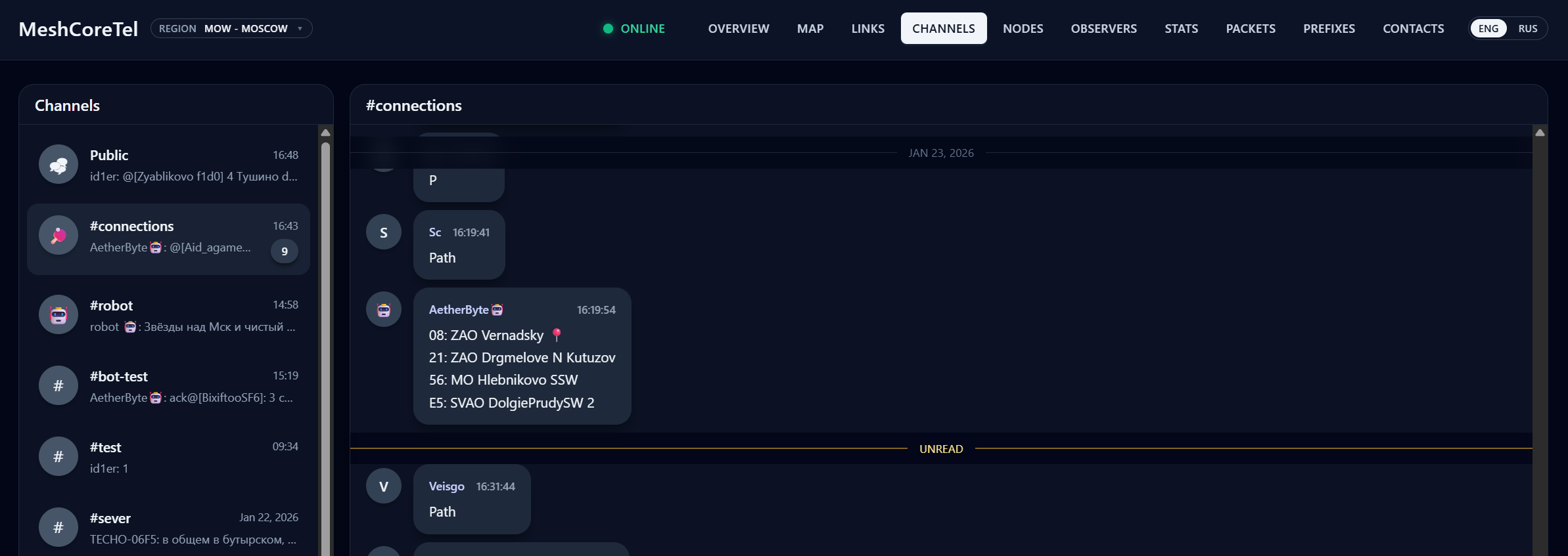MeshCoreTel channels view